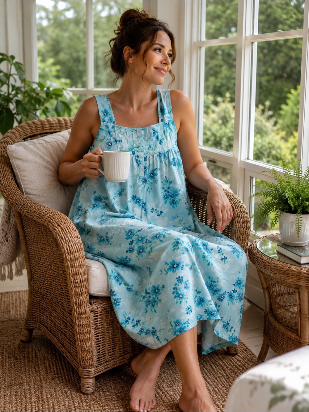 Iyla Blue Floral Cotton Nightgown With Pockets Size Small